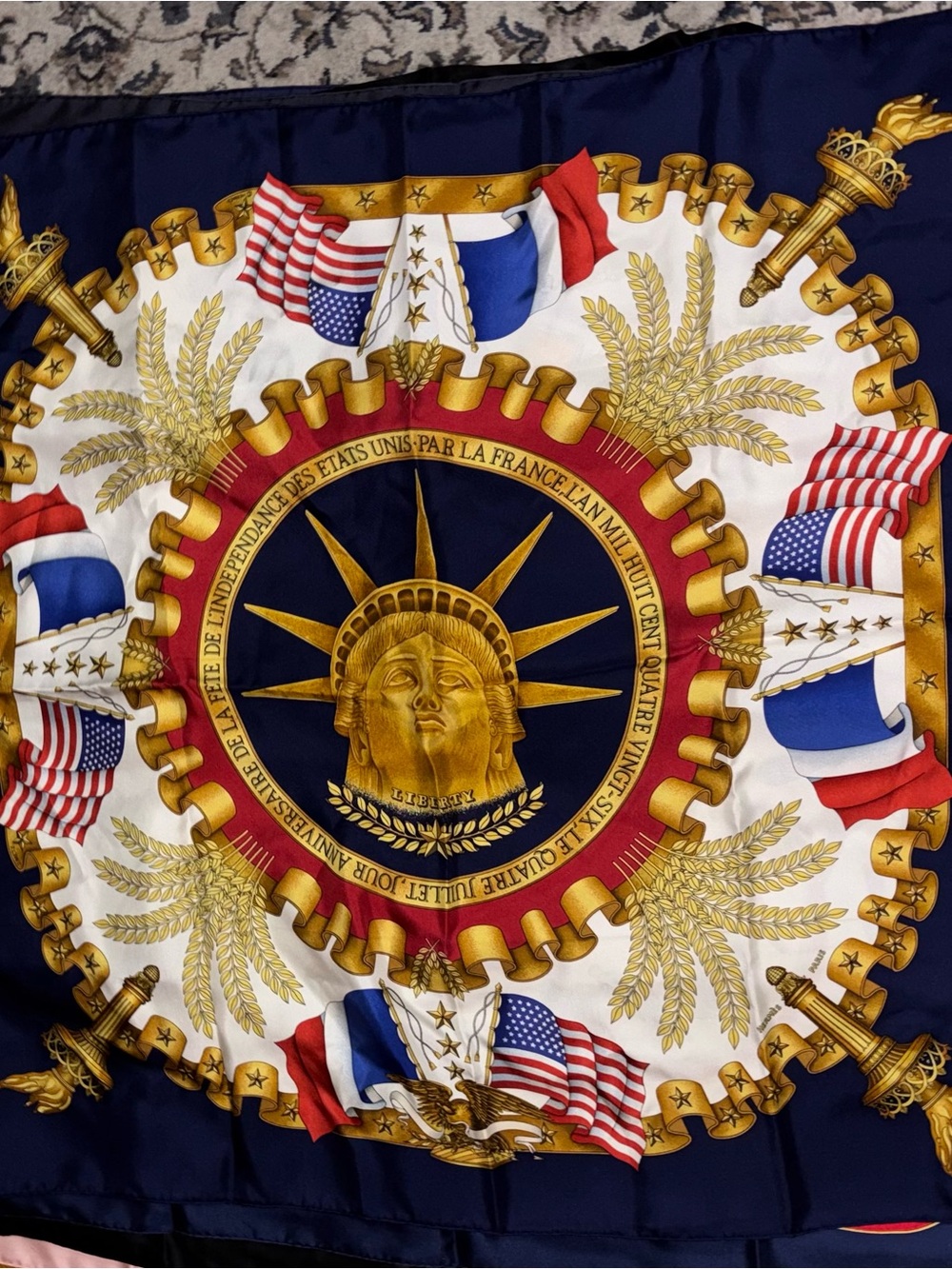 Hermes Navy, Red, White and Gold Statue of Liberty Medallion Silk Scarf